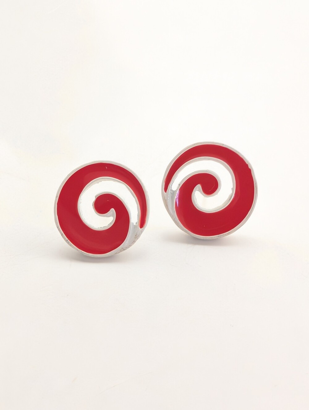 Vintage Modernist Retro Red Enamel White Swirl Funky Festival Post Earrings